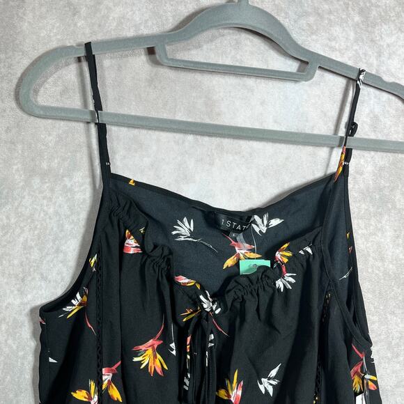 1. State Tabea Top Womens Large Black Floral Spaghetti Strap Ruffle Hem Boho NEW - Picture 2 of 9